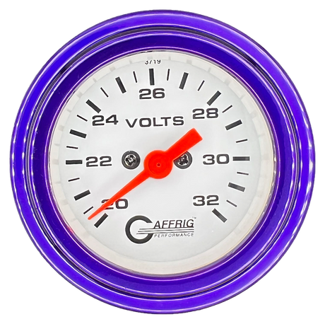 GAFFRIG 2 INCH ELECTRIC VOLTMETER GAUGE 16-32 VOLT - 270 DEGREE SWEEP WHITE / STEP RIM / PURPLE