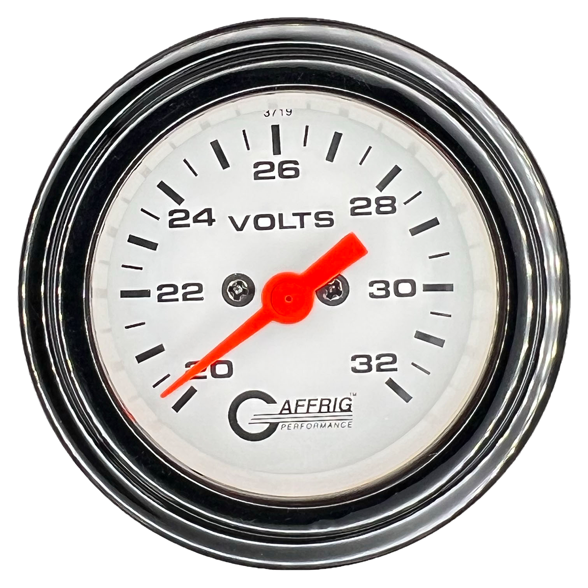 GAFFRIG 2 INCH ELECTRIC VOLTMETER GAUGE 16-32 VOLT - 270 DEGREE SWEEP WHITE / STEP RIM / BLACK