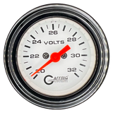 GAFFRIG 2 INCH ELECTRIC VOLTMETER GAUGE 16-32 VOLT - 270 DEGREE SWEEP WHITE / STEP RIM / BLACK