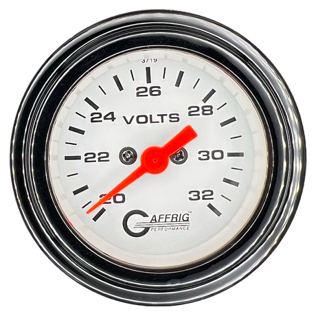 GAFFRIG 2 INCH ELECTRIC VOLTMETER GAUGE 16-32 VOLT - 270 DEGREE SWEEP WHITE / STEP RIM / BLACK