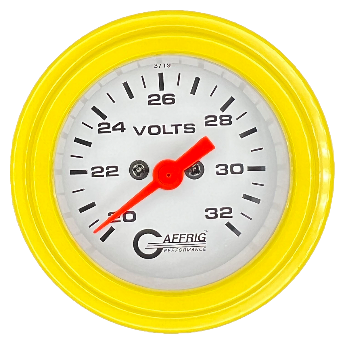 GAFFRIG 2 INCH ELECTRIC VOLTMETER GAUGE 16-32 VOLT - 270 DEGREE SWEEP WHITE / STEP RIM / YELLOW