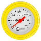 GAFFRIG 2 INCH ELECTRIC VOLTMETER GAUGE 16-32 VOLT - 270 DEGREE SWEEP WHITE / STEP RIM / YELLOW