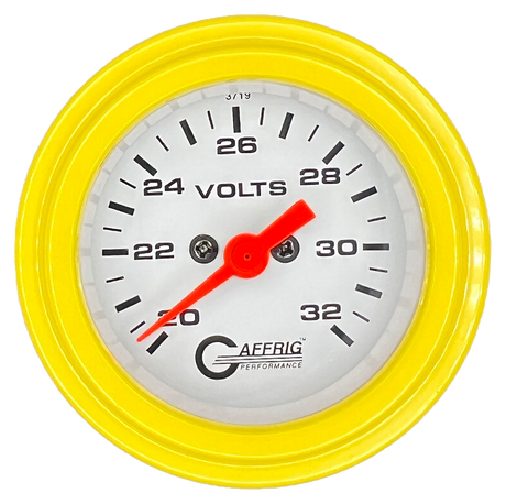 GAFFRIG 2 INCH ELECTRIC VOLTMETER GAUGE 16-32 VOLT - 270 DEGREE SWEEP WHITE / STEP RIM / YELLOW