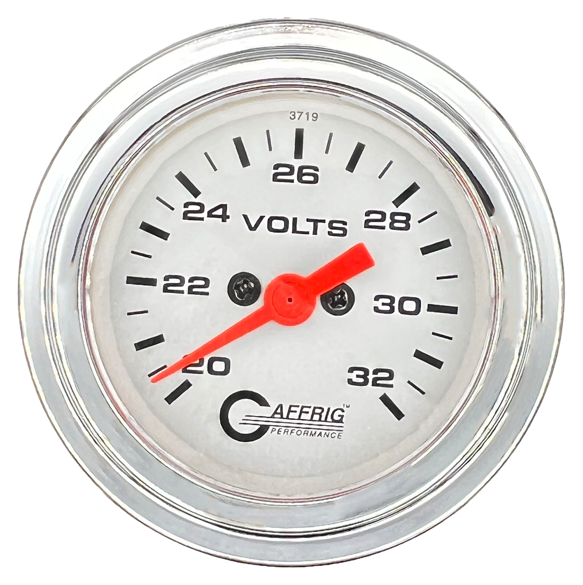 GAFFRIG 2 INCH ELECTRIC VOLTMETER GAUGE 16-32 VOLT - 270 DEGREE SWEEP WHITE / STEP RIM / CHROME