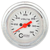 GAFFRIG 2 INCH ELECTRIC VOLTMETER GAUGE 16-32 VOLT - 270 DEGREE SWEEP WHITE / STEP RIM / CHROME