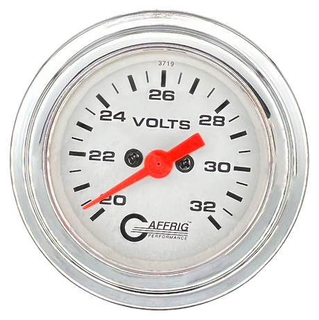 GAFFRIG 2 INCH ELECTRIC VOLTMETER GAUGE 16-32 VOLT - 270 DEGREE SWEEP WHITE / STEP RIM / CHROME