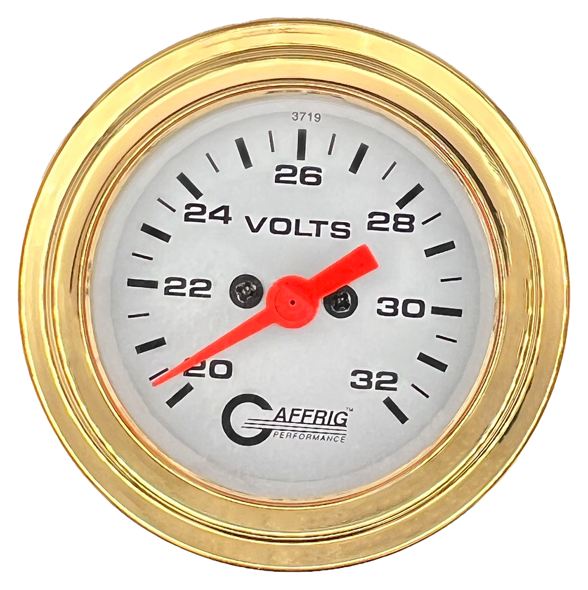 GAFFRIG 2 INCH ELECTRIC VOLTMETER GAUGE 16-32 VOLT - 270 DEGREE SWEEP WHITE / STEP RIM / GOLD