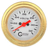 GAFFRIG 2 INCH ELECTRIC VOLTMETER GAUGE 16-32 VOLT - 270 DEGREE SWEEP WHITE / STEP RIM / GOLD