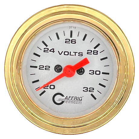 GAFFRIG 2 INCH ELECTRIC VOLTMETER GAUGE 16-32 VOLT - 270 DEGREE SWEEP WHITE / STEP RIM / GOLD