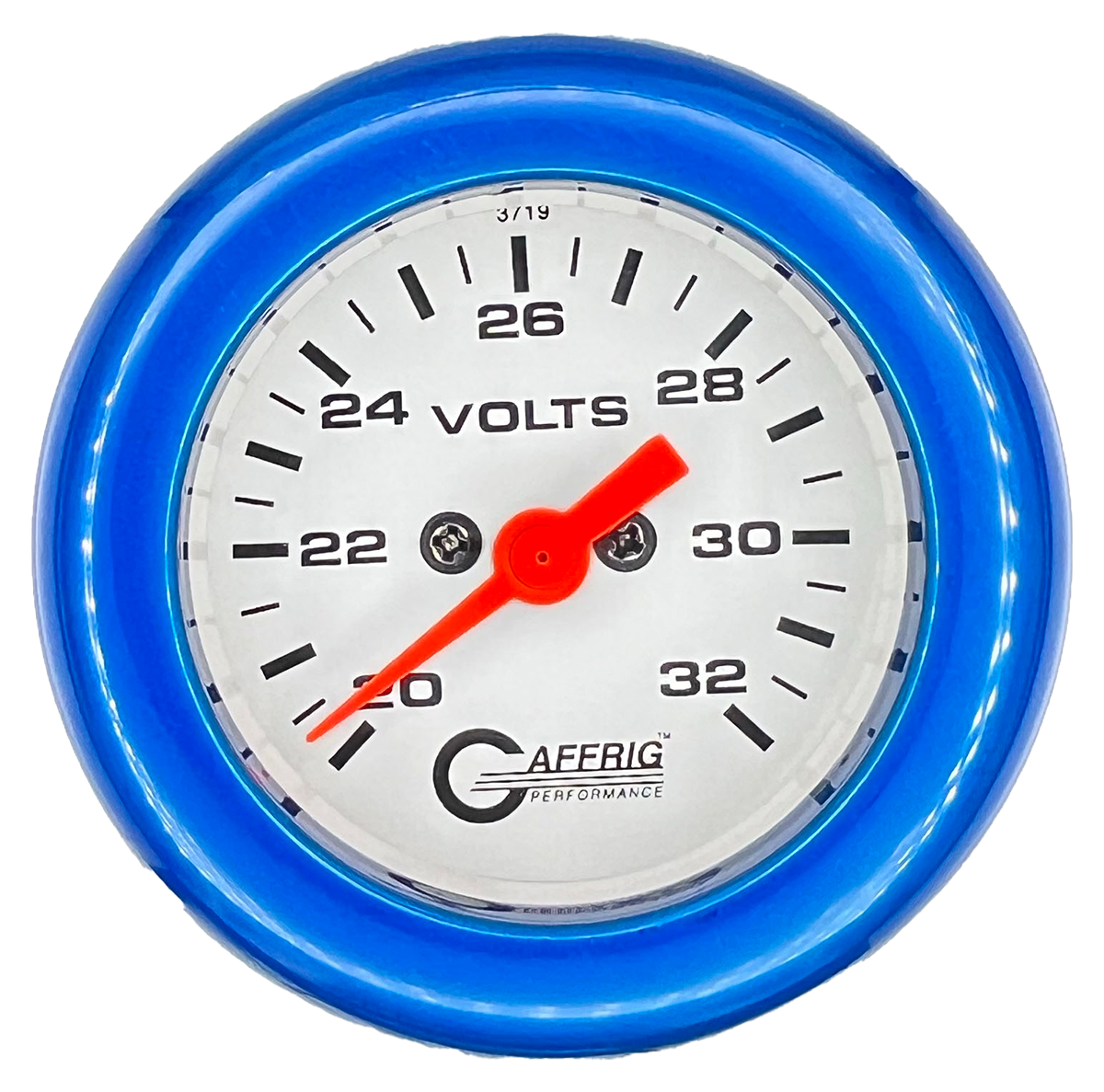 GAFFRIG 2 INCH ELECTRIC VOLTMETER GAUGE 16-32 VOLT - 270 DEGREE SWEEP WHITE / FAT RIM / BLUE