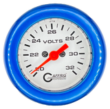 GAFFRIG 2 INCH ELECTRIC VOLTMETER GAUGE 16-32 VOLT - 270 DEGREE SWEEP WHITE / FAT RIM / BLUE