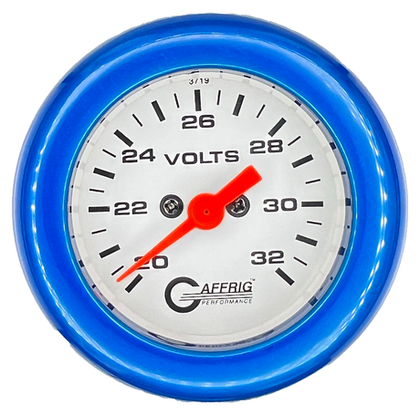 GAFFRIG 2 INCH ELECTRIC VOLTMETER GAUGE 16-32 VOLT - 270 DEGREE SWEEP WHITE / FAT RIM / BLUE