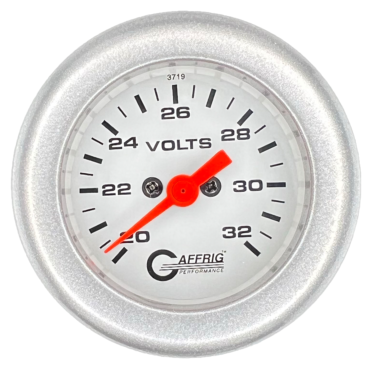 GAFFRIG 2 INCH ELECTRIC VOLTMETER GAUGE 16-32 VOLT - 270 DEGREE SWEEP WHITE / FAT RIM / PLATINUM