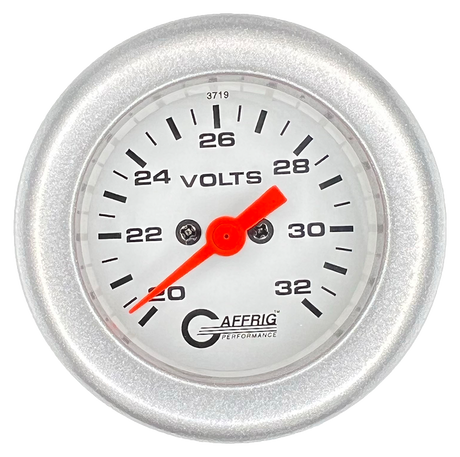 GAFFRIG 2 INCH ELECTRIC VOLTMETER GAUGE 16-32 VOLT - 270 DEGREE SWEEP WHITE / FAT RIM / PLATINUM