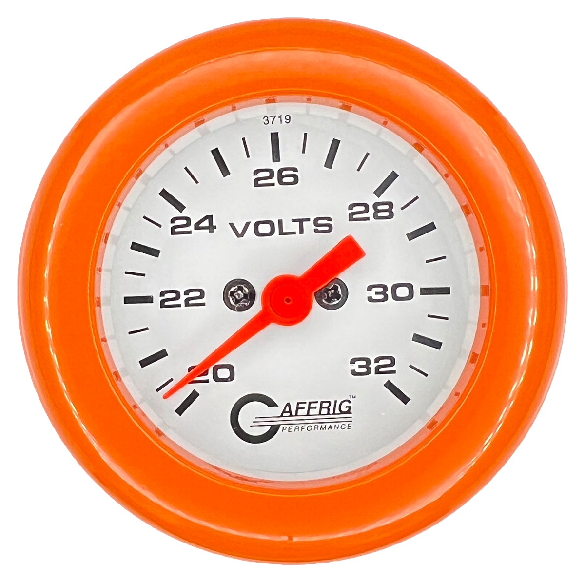 GAFFRIG 2 INCH ELECTRIC VOLTMETER GAUGE 16-32 VOLT - 270 DEGREE SWEEP WHITE / FAT RIM / ORANGE