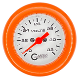 GAFFRIG 2 INCH ELECTRIC VOLTMETER GAUGE 16-32 VOLT - 270 DEGREE SWEEP WHITE / FAT RIM / ORANGE