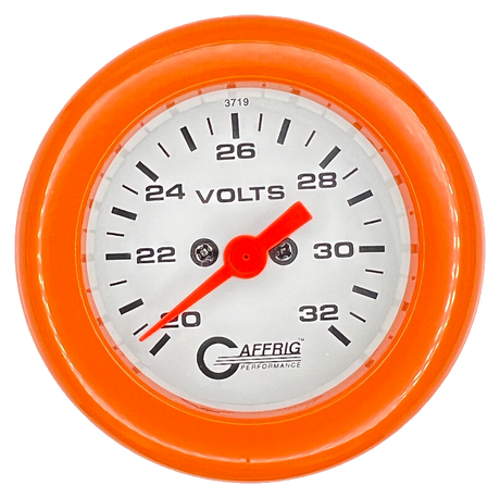 GAFFRIG 2 INCH ELECTRIC VOLTMETER GAUGE 16-32 VOLT - 270 DEGREE SWEEP WHITE / FAT RIM / ORANGE