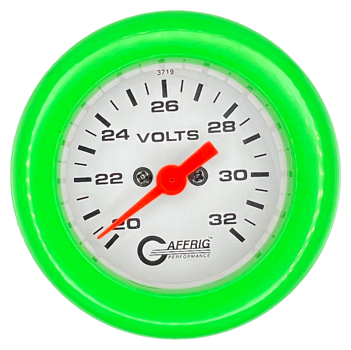 GAFFRIG 2 INCH ELECTRIC VOLTMETER GAUGE 16-32 VOLT - 270 DEGREE SWEEP WHITE / FAT RIM / LIME GREEN