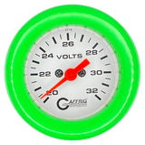 GAFFRIG 2 INCH ELECTRIC VOLTMETER GAUGE 16-32 VOLT - 270 DEGREE SWEEP WHITE / FAT RIM / LIME GREEN