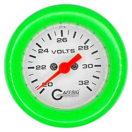 GAFFRIG 2 INCH ELECTRIC VOLTMETER GAUGE 16-32 VOLT - 270 DEGREE SWEEP WHITE / FAT RIM / LIME GREEN