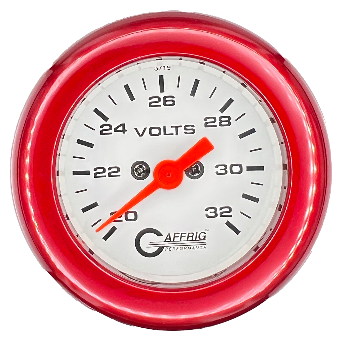 GAFFRIG 2 INCH ELECTRIC VOLTMETER GAUGE 16-32 VOLT - 270 DEGREE SWEEP WHITE / FAT RIM / RED