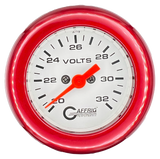 GAFFRIG 2 INCH ELECTRIC VOLTMETER GAUGE 16-32 VOLT - 270 DEGREE SWEEP WHITE / FAT RIM / RED