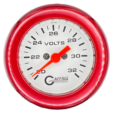 GAFFRIG 2 INCH ELECTRIC VOLTMETER GAUGE 16-32 VOLT - 270 DEGREE SWEEP WHITE / FAT RIM / RED