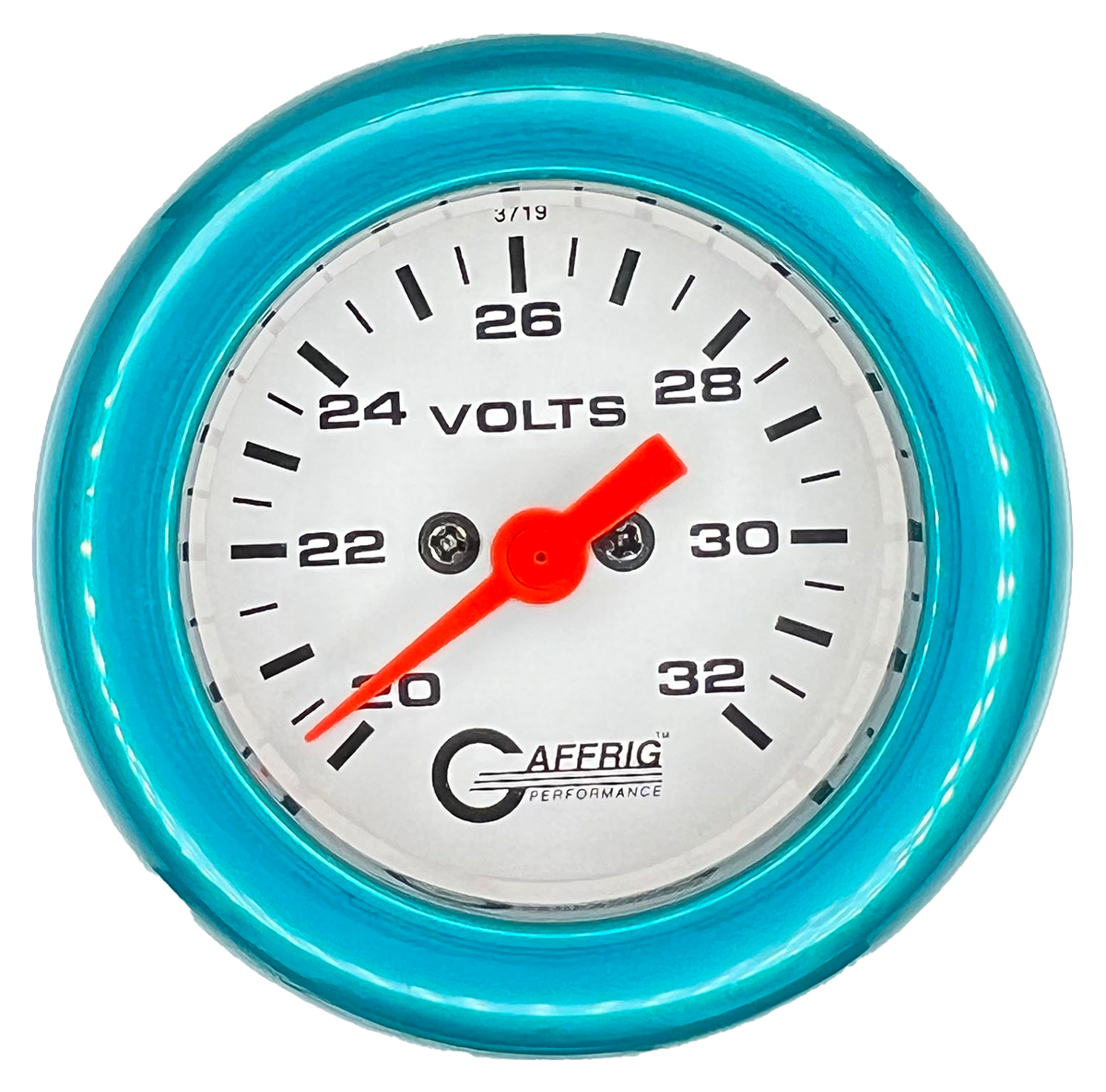 GAFFRIG 2 INCH ELECTRIC VOLTMETER GAUGE 16-32 VOLT - 270 DEGREE SWEEP WHITE / FAT RIM / TEAL