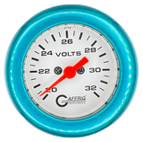 GAFFRIG 2 INCH ELECTRIC VOLTMETER GAUGE 16-32 VOLT - 270 DEGREE SWEEP WHITE / FAT RIM / TEAL