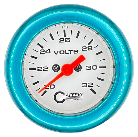 GAFFRIG 2 INCH ELECTRIC VOLTMETER GAUGE 16-32 VOLT - 270 DEGREE SWEEP WHITE / FAT RIM / TEAL