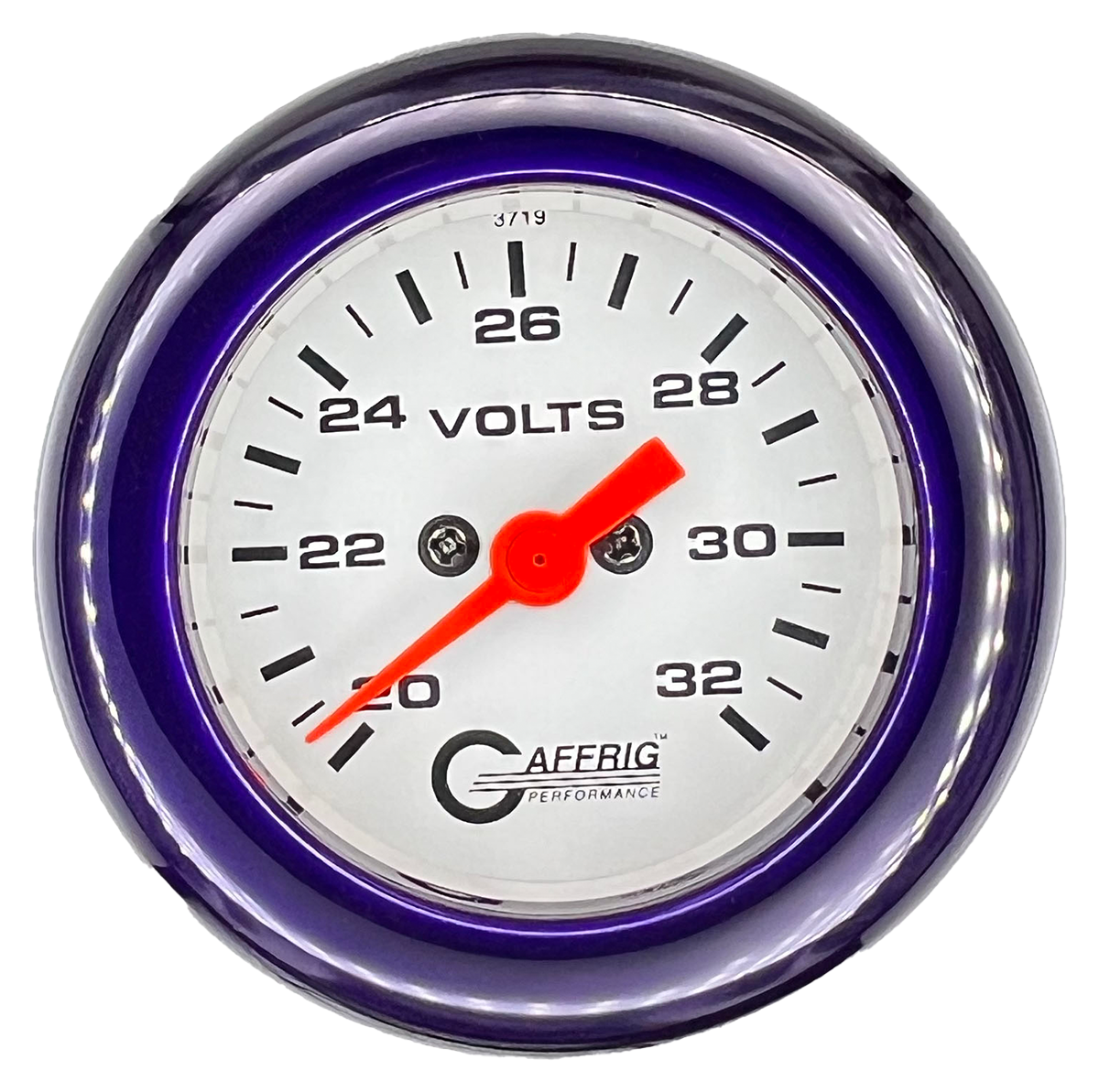 GAFFRIG 2 INCH ELECTRIC VOLTMETER GAUGE 16-32 VOLT - 270 DEGREE SWEEP WHITE / FAT RIM / PURPLE