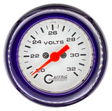 GAFFRIG 2 INCH ELECTRIC VOLTMETER GAUGE 16-32 VOLT - 270 DEGREE SWEEP WHITE / FAT RIM / PURPLE