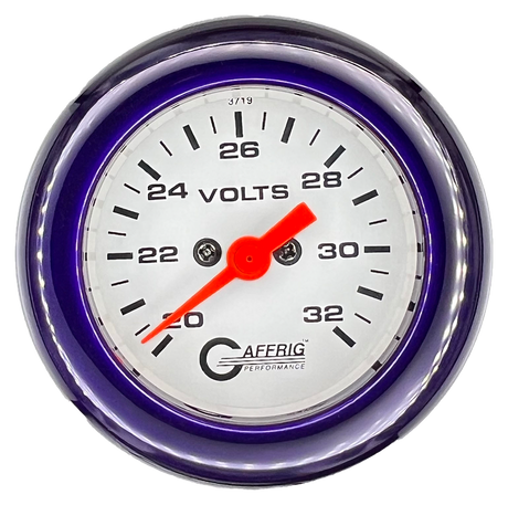 GAFFRIG 2 INCH ELECTRIC VOLTMETER GAUGE 16-32 VOLT - 270 DEGREE SWEEP WHITE / FAT RIM / PURPLE