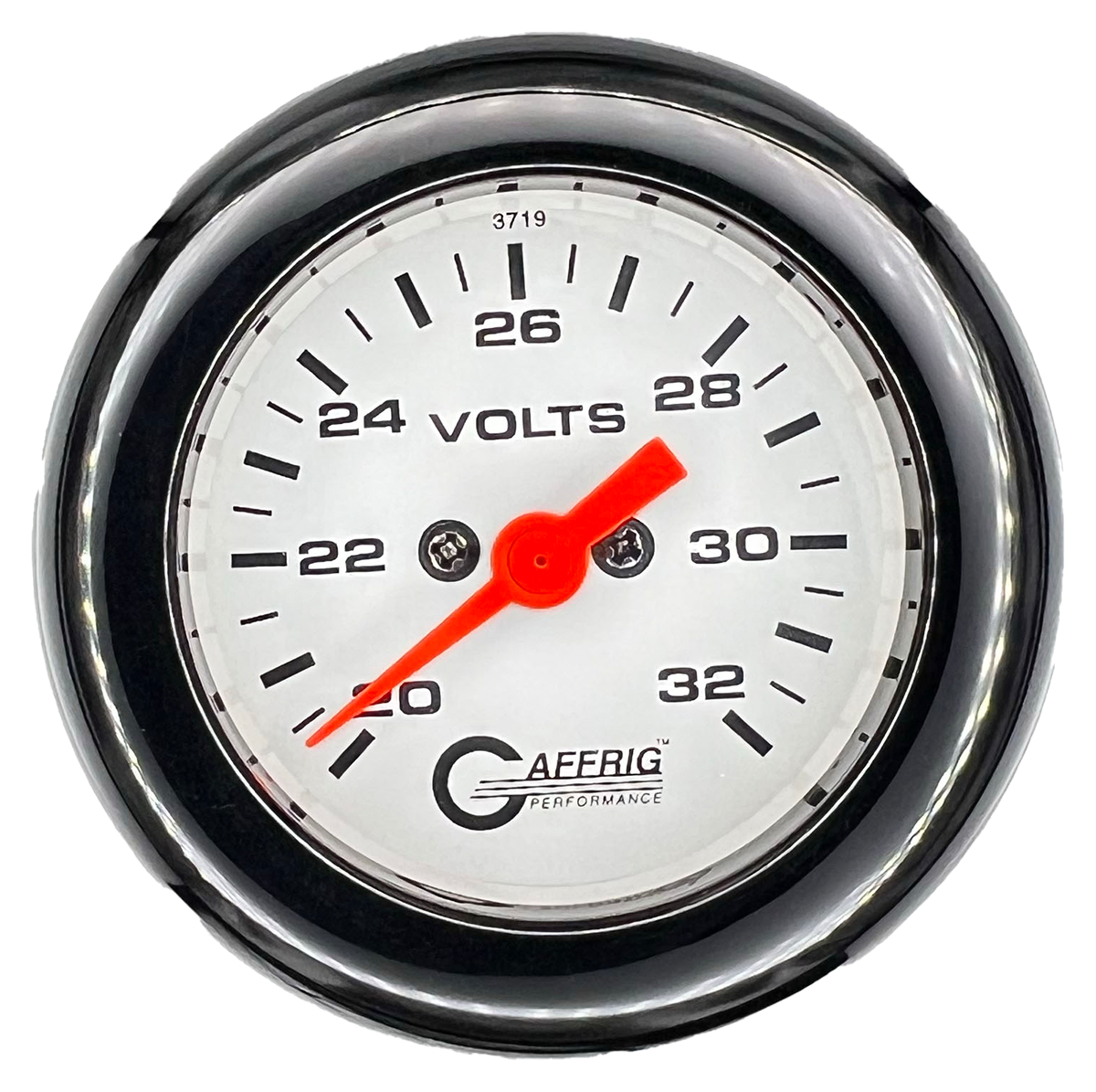 GAFFRIG 2 INCH ELECTRIC VOLTMETER GAUGE 16-32 VOLT - 270 DEGREE SWEEP WHITE / FAT RIM / BLACK