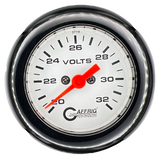 GAFFRIG 2 INCH ELECTRIC VOLTMETER GAUGE 16-32 VOLT - 270 DEGREE SWEEP WHITE / FAT RIM / BLACK