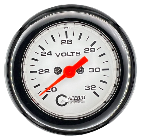 GAFFRIG 2 INCH ELECTRIC VOLTMETER GAUGE 16-32 VOLT - 270 DEGREE SWEEP WHITE / FAT RIM / BLACK