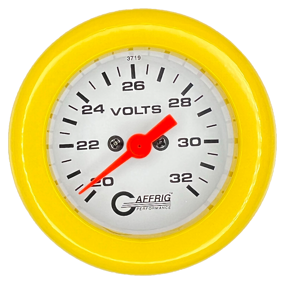 GAFFRIG 2 INCH ELECTRIC VOLTMETER GAUGE 16-32 VOLT - 270 DEGREE SWEEP WHITE / FAT RIM / YELLOW