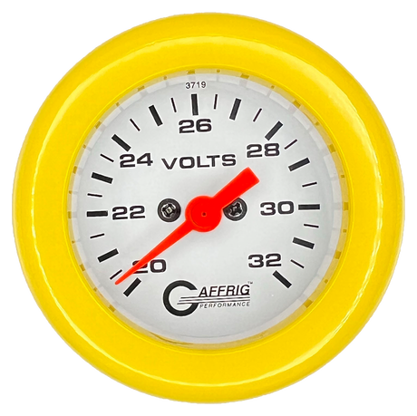 GAFFRIG 2 INCH ELECTRIC VOLTMETER GAUGE 16-32 VOLT - 270 DEGREE SWEEP WHITE / FAT RIM / YELLOW