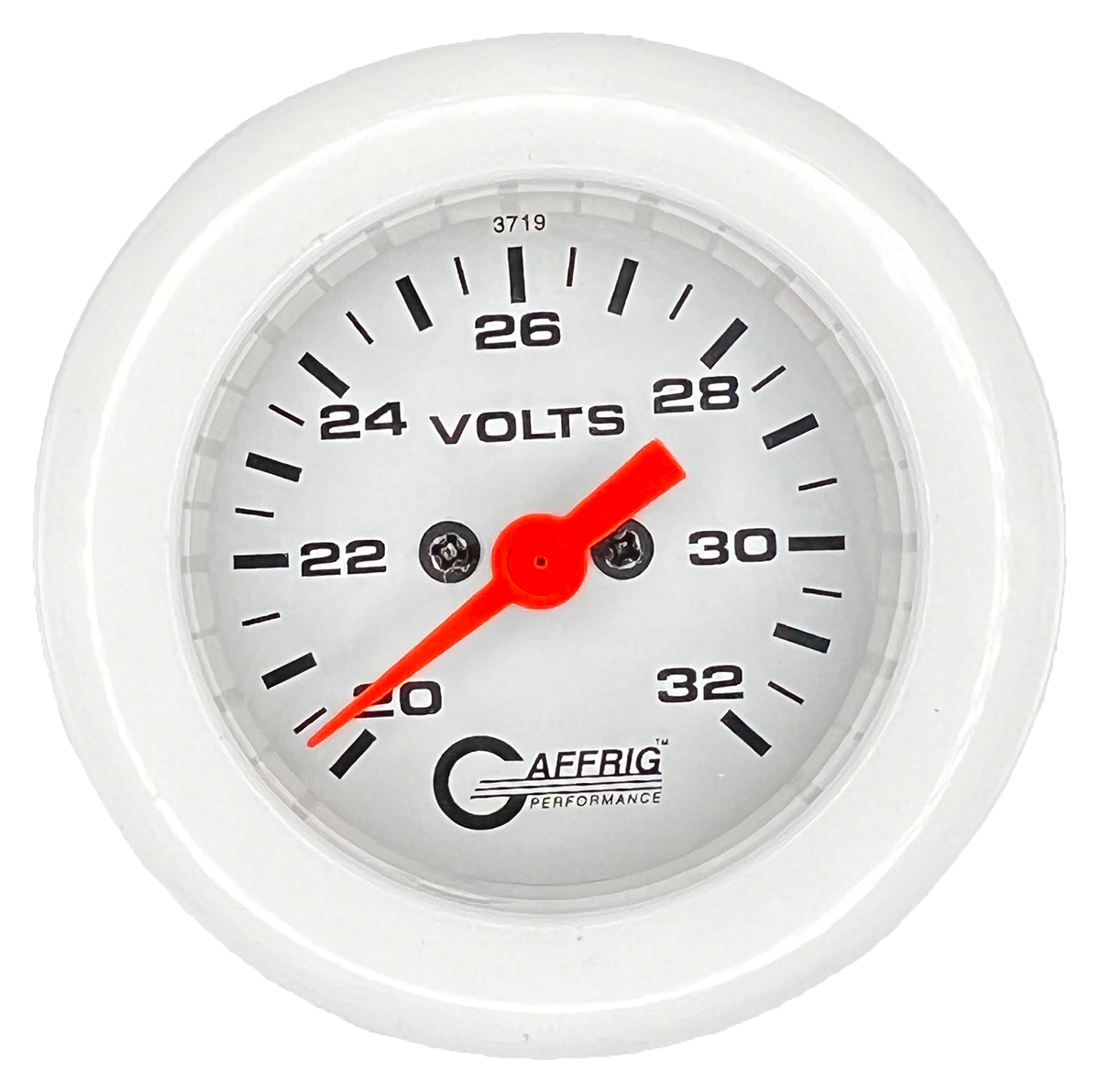 GAFFRIG 2 INCH ELECTRIC VOLTMETER GAUGE 16-32 VOLT - 270 DEGREE SWEEP WHITE / FAT RIM / WHITE