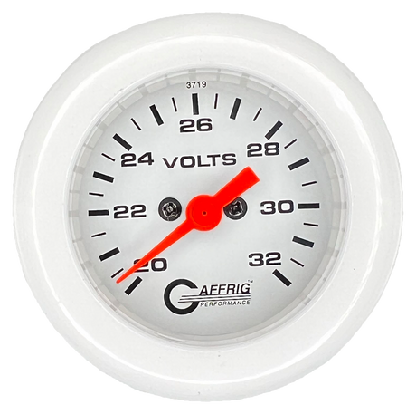 GAFFRIG 2 INCH ELECTRIC VOLTMETER GAUGE 16-32 VOLT - 270 DEGREE SWEEP WHITE / FAT RIM / WHITE