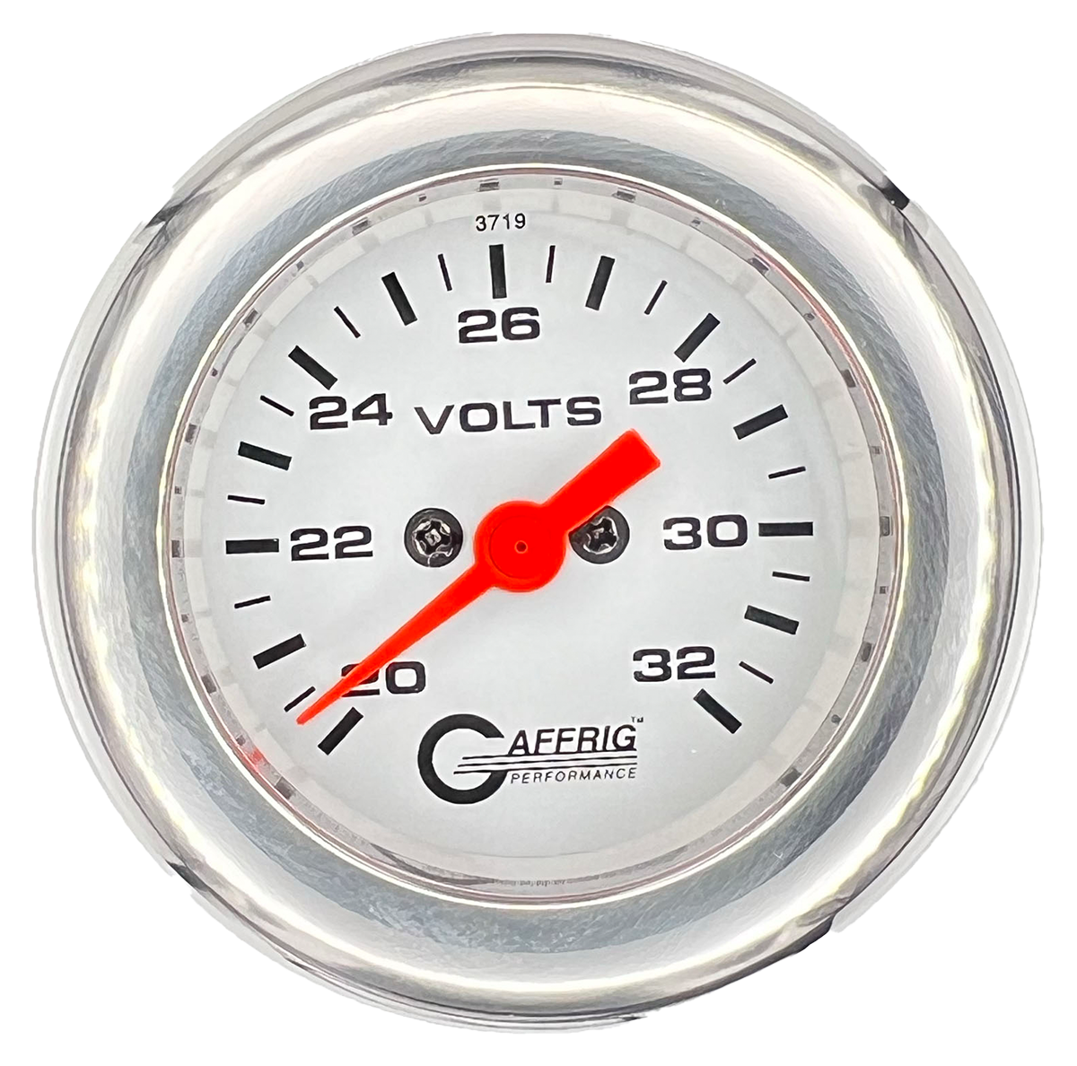 GAFFRIG 2 INCH ELECTRIC VOLTMETER GAUGE 16-32 VOLT - 270 DEGREE SWEEP WHITE / FAT RIM / CHROME