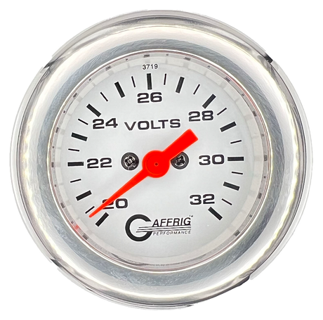 GAFFRIG 2 INCH ELECTRIC VOLTMETER GAUGE 16-32 VOLT - 270 DEGREE SWEEP WHITE / FAT RIM / CHROME