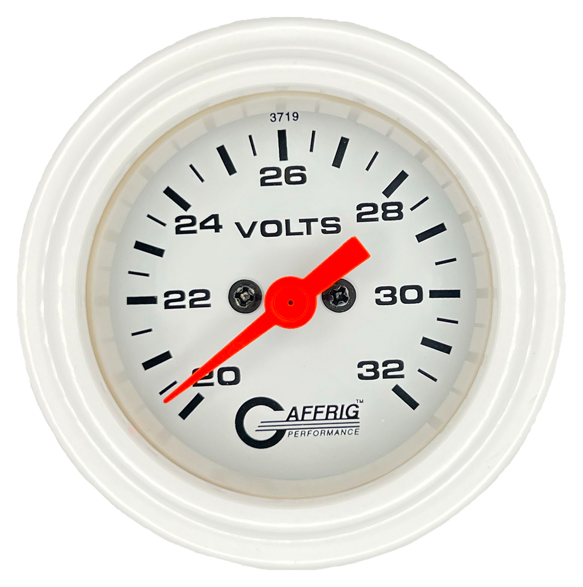 GAFFRIG 2 INCH ELECTRIC VOLTMETER GAUGE 16-32 VOLT - 270 DEGREE SWEEP WHITE / STEP RIM / WHITE