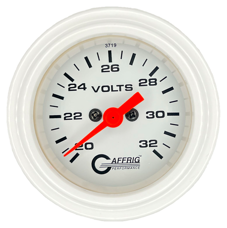 GAFFRIG 2 INCH ELECTRIC VOLTMETER GAUGE 16-32 VOLT - 270 DEGREE SWEEP WHITE / STEP RIM / WHITE