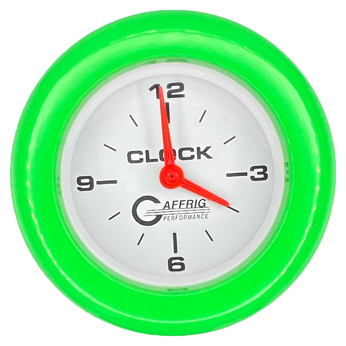 GAFFRIG 2 INCH ELECTRIC CLOCK GAUGE FAT RIM (218) / LIME GREEN / WHITE