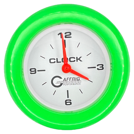 GAFFRIG 2 INCH ELECTRIC CLOCK GAUGE FAT RIM (218) / LIME GREEN / WHITE