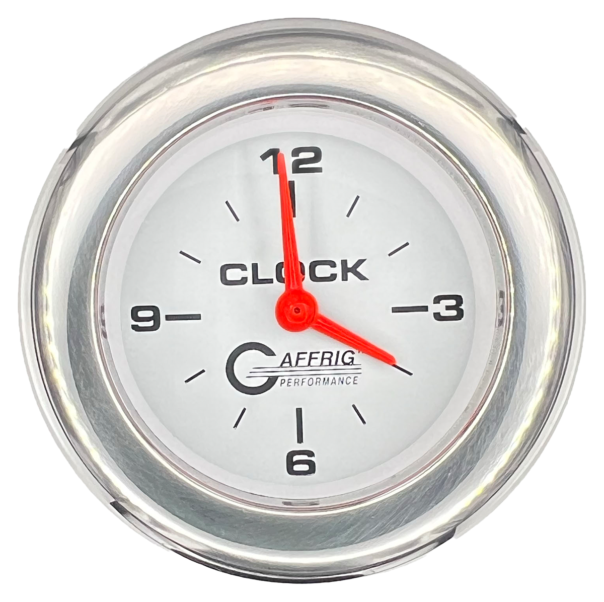 GAFFRIG 2 INCH ELECTRIC CLOCK GAUGE FAT RIM (218) / CHROME/POLISHED / WHITE