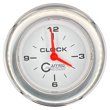 GAFFRIG 2 INCH ELECTRIC CLOCK GAUGE FAT RIM (218) / CHROME/POLISHED / WHITE