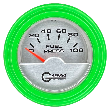 GAFFRIG 2 INCH ELECTRIC FUEL PRESSURE GAUGE 0-100 PSI STEP RIM (002) / LIME GREEN / PLATINUM