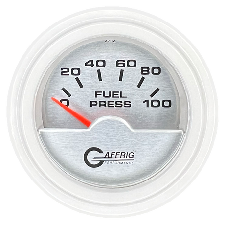 GAFFRIG 2 INCH ELECTRIC FUEL PRESSURE GAUGE 0-100 PSI STEP RIM (002) / WHITE / PLATINUM